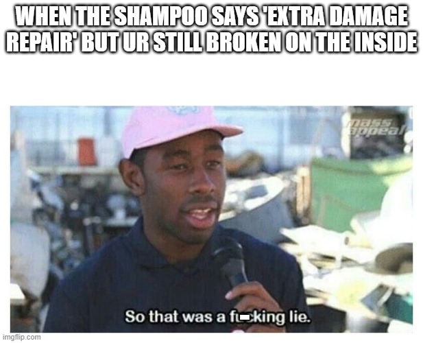 depression | WHEN THE SHAMPOO SAYS 'EXTRA DAMAGE REPAIR' BUT UR STILL BROKEN ON THE INSIDE; - | image tagged in so that was a f---ing lie,depression | made w/ Imgflip meme maker