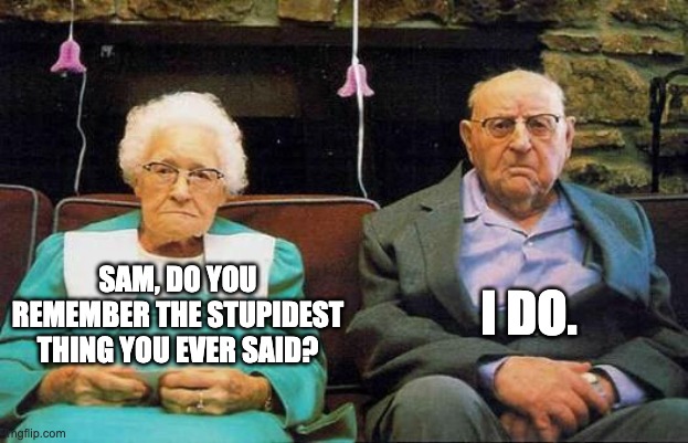 Stupid | I DO. SAM, DO YOU REMEMBER THE STUPIDEST THING YOU EVER SAID? | image tagged in old couple | made w/ Imgflip meme maker