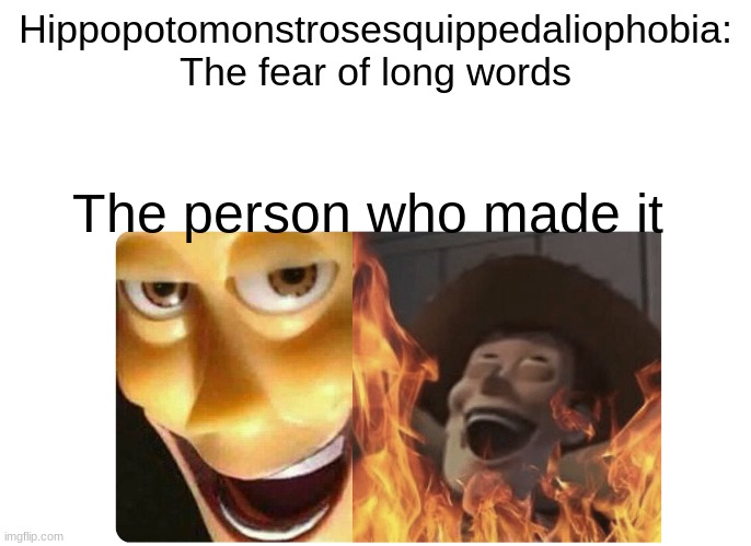Satanic Woody | Hippopotomonstrosesquippedaliophobia: The fear of long words; The person who made it | image tagged in satanic woody | made w/ Imgflip meme maker
