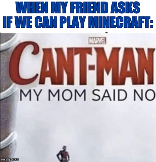 Pain | WHEN MY FRIEND ASKS IF WE CAN PLAY MINECRAFT: | image tagged in can't man | made w/ Imgflip meme maker