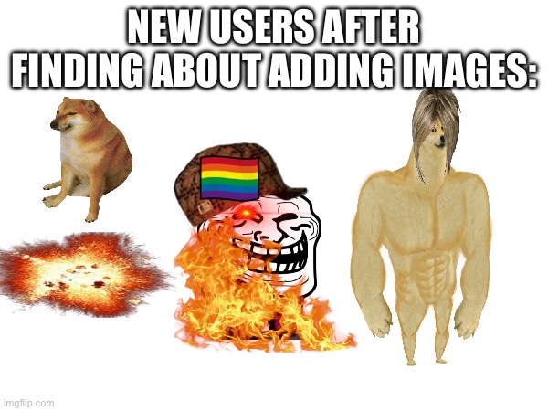 It’s so annoying and it ruins imgflip | NEW USERS AFTER FINDING ABOUT ADDING IMAGES: | image tagged in imsad,newtagthatimade | made w/ Imgflip meme maker