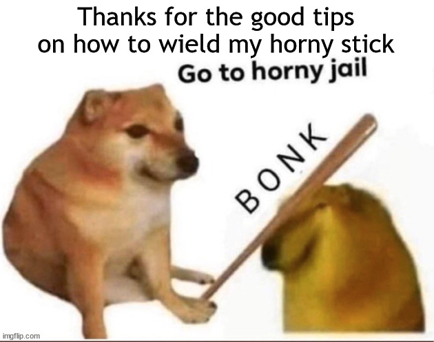 Bonk-Go-To-Horny-Jail | Thanks for the good tips on how to wield my horny stick | image tagged in bonk-go-to-horny-jail | made w/ Imgflip meme maker