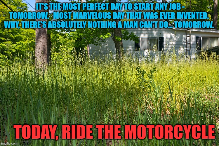 today: ride the motorcycle | IT'S THE MOST PERFECT DAY TO START ANY JOB - TOMORROW.   MOST MARVELOUS DAY THAT WAS EVER INVENTED.  WHY, THERE'S ABSOLUTELY NOTHING A MAN CAN'T DO... TOMORROW. TODAY, RIDE THE MOTORCYCLE | image tagged in funny memes | made w/ Imgflip meme maker