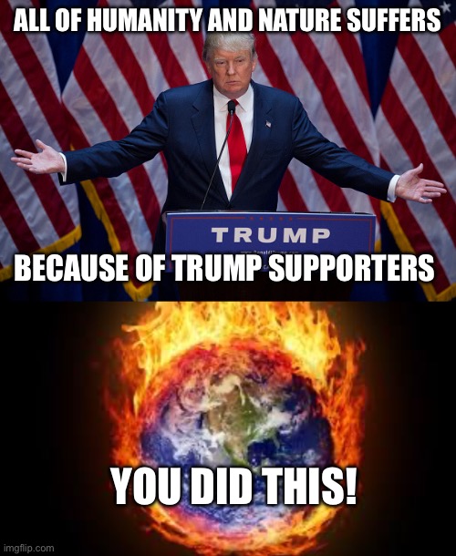 ALL OF HUMANITY AND NATURE SUFFERS; BECAUSE OF TRUMP SUPPORTERS; YOU DID THIS! | image tagged in donald trump,burning earth | made w/ Imgflip meme maker