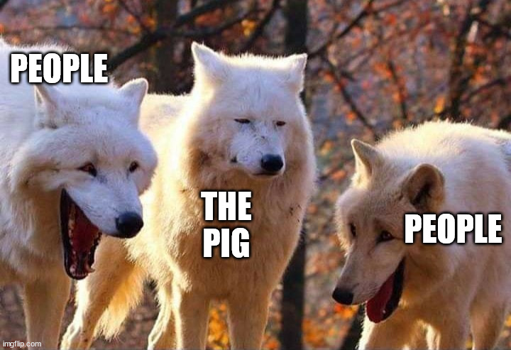 Laughing wolf | PEOPLE THE PIG PEOPLE | image tagged in laughing wolf | made w/ Imgflip meme maker