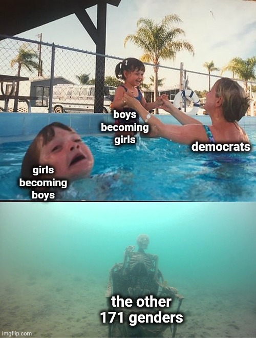 But what about... | boys
becoming
girls; democrats; girls
becoming
boys; the other
171 genders | image tagged in mother ignoring kid drowning in a pool,democrats,transgender,joe biden | made w/ Imgflip meme maker