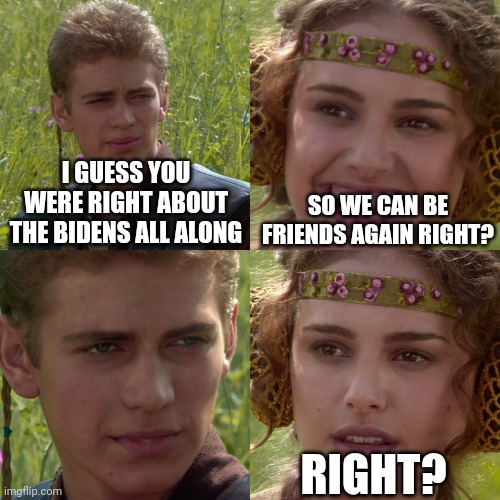 Omg let's stop the hate please | SO WE CAN BE FRIENDS AGAIN RIGHT? I GUESS YOU WERE RIGHT ABOUT THE BIDENS ALL ALONG; RIGHT? | image tagged in anakin padme 4 panel,joe biden,government corruption,hunter biden,friends,usa | made w/ Imgflip meme maker