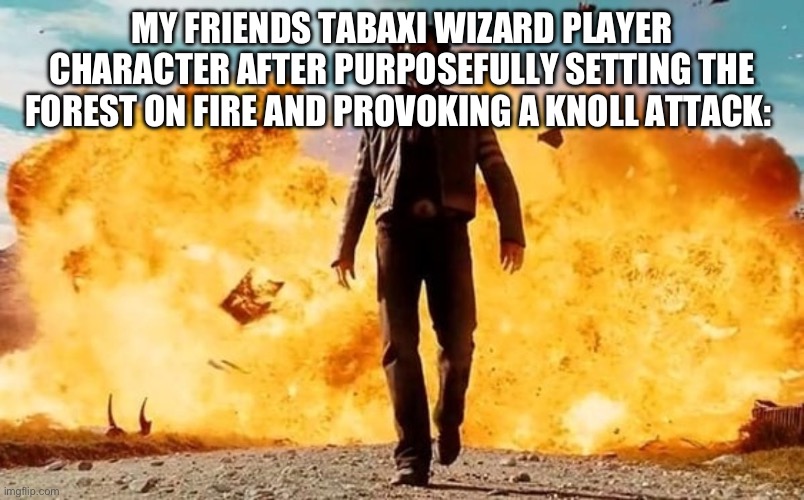 Dnd meme 2 | MY FRIENDS TABAXI WIZARD PLAYER CHARACTER AFTER PURPOSEFULLY SETTING THE FOREST ON FIRE AND PROVOKING A KNOLL ATTACK: | image tagged in guy walking away from explosion,dnd | made w/ Imgflip meme maker