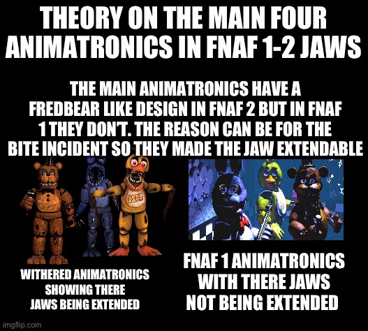 Some dumb theory of the main animatronics from fnaf 1-2 | THEORY ON THE MAIN FOUR ANIMATRONICS IN FNAF 1-2 JAWS; THE MAIN ANIMATRONICS HAVE A FREDBEAR LIKE DESIGN IN FNAF 2 BUT IN FNAF 1 THEY DON’T. THE REASON CAN BE FOR THE BITE INCIDENT SO THEY MADE THE JAW EXTENDABLE; FNAF 1 ANIMATRONICS WITH THERE JAWS NOT BEING EXTENDED; WITHERED ANIMATRONICS SHOWING THERE JAWS BEING EXTENDED | made w/ Imgflip meme maker