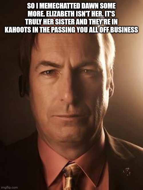 Saul Goodman | SO I MEMECHATTED DAWN SOME MORE. ELIZABETH ISN'T HER. IT'S TRULY HER SISTER AND THEY'RE IN KAHOOTS IN THE PASSING YOU ALL OFF BUSINESS | image tagged in saul goodman | made w/ Imgflip meme maker