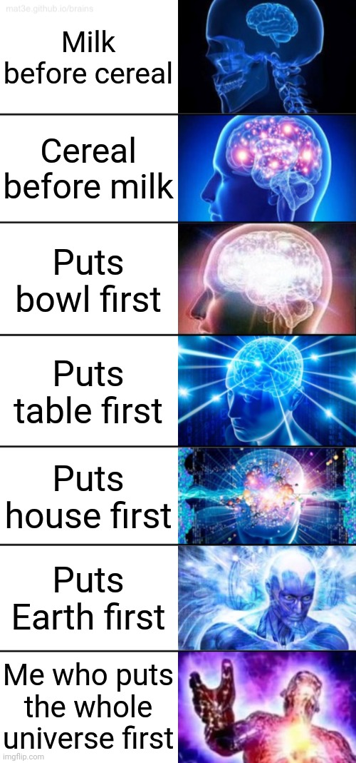 7-Tier Expanding Brain | Milk before cereal; Cereal before milk; Puts bowl first; Puts table first; Puts house first; Puts Earth first; Me who puts the whole universe first | image tagged in 7-tier expanding brain | made w/ Imgflip meme maker