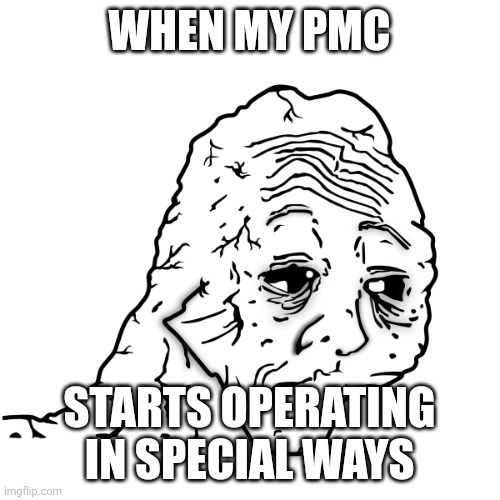 Tired face | WHEN MY PMC; STARTS OPERATING IN SPECIAL WAYS | image tagged in tired face | made w/ Imgflip meme maker