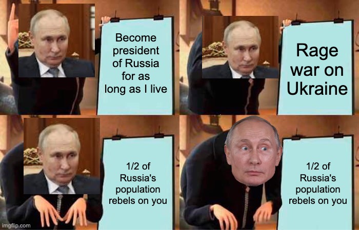 Putin's plan | Become president of Russia for as long as I live; Rage war on Ukraine; 1/2 of Russia's population rebels on you; 1/2 of Russia's population rebels on you | image tagged in memes,gru's plan | made w/ Imgflip meme maker