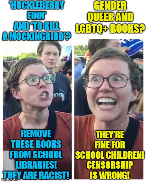 Censorship is only for when they say so! | GENDER QUEER AND LGBTQ+ BOOKS? 'HUCKLEBERRY FINN' AND 'TO KILL A MOCKINGBIRD'? THEY'RE FINE FOR SCHOOL CHILDREN! CENSORSHIP IS WRONG! REMOVE THESE BOOKS FROM SCHOOL LIBRARIES! THEY ARE RACIST! | image tagged in social justice warrior hypocrisy,liberals,democrats,censorship,political meme | made w/ Imgflip meme maker