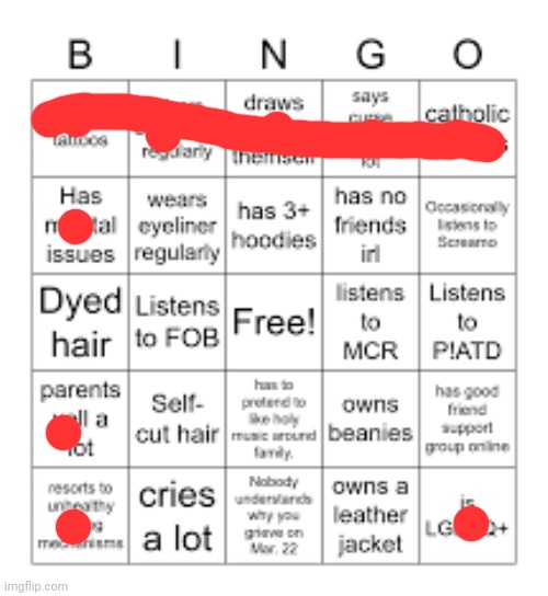 Emo bingo | image tagged in emo bingo | made w/ Imgflip meme maker