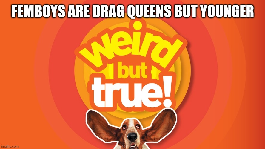 Weird But True | FEMBOYS ARE DRAG QUEENS BUT YOUNGER | image tagged in weird but true | made w/ Imgflip meme maker