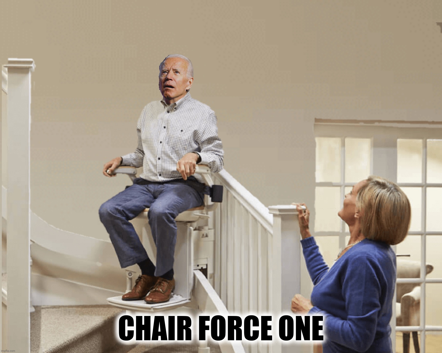Bad Photoshop Sunday presents:  Joe Versus The Stairs | CHAIR FORCE ONE | image tagged in bad photoshop sunday,joe biden,stairs | made w/ Imgflip meme maker
