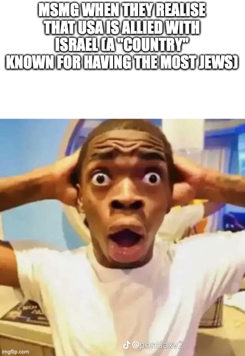 Shocked black guy | MSMG WHEN THEY REALISE THAT USA IS ALLIED WITH ISRAEL (A "COUNTRY" KNOWN FOR HAVING THE MOST JEWS) | image tagged in shocked black guy | made w/ Imgflip meme maker