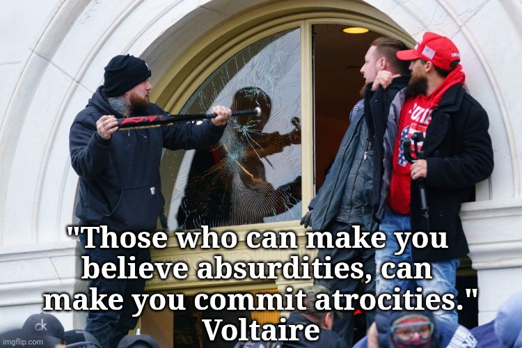 Absurdities = Atrocities | "Those who can make you 
believe absurdities, can 
make you commit atrocities."
Voltaire | image tagged in j6 rioters,dump trump,criminal,justice | made w/ Imgflip meme maker