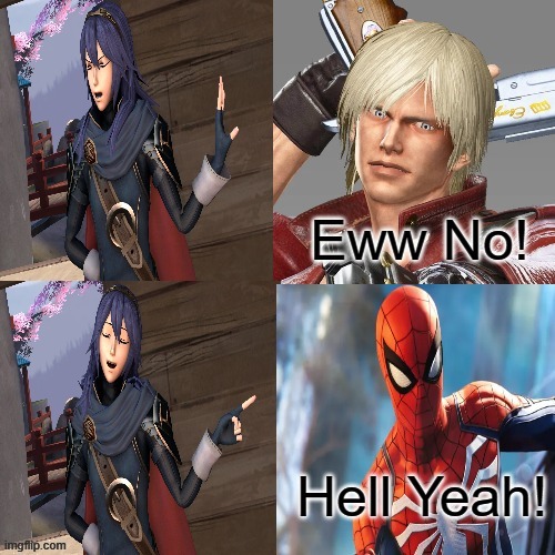 Lucina perfers Spider-man over Dante | image tagged in lucina,spiderman,dante,fire emblem,marvel | made w/ Imgflip meme maker
