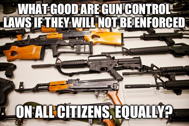 Gun Control | WHAT GOOD ARE GUN CONTROL LAWS IF THEY WILL NOT BE ENFORCED; ON ALL CITIZENS, EQUALLY? | image tagged in gun control | made w/ Imgflip meme maker