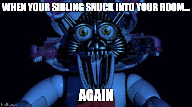 Your sibling did it again | WHEN YOUR SIBLING SNUCK INTO YOUR ROOM... AGAIN | image tagged in funtime foxy jumpscare fnaf sister location,siblings,fnaf sister location,funtime foxy | made w/ Imgflip meme maker