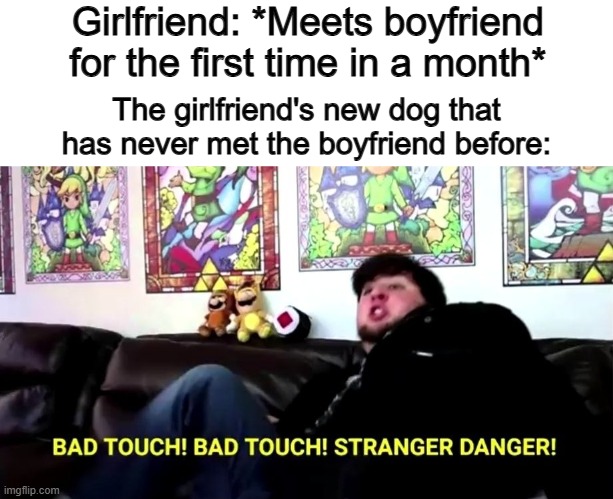 Attack >:D | Girlfriend: *Meets boyfriend for the first time in a month*; The girlfriend's new dog that has never met the boyfriend before: | image tagged in bad touch bad touch stranger danger | made w/ Imgflip meme maker