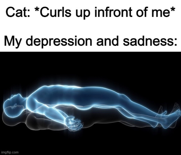 Cat's really help out when you're having a rough day :D | Cat: *Curls up infront of me*; My depression and sadness: | image tagged in soul leaving body | made w/ Imgflip meme maker
