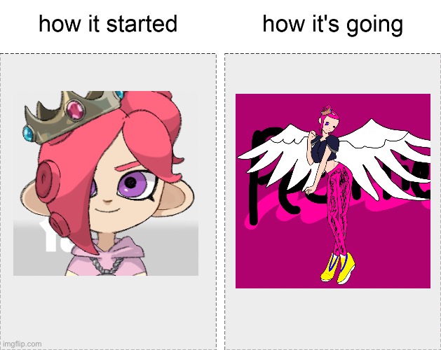 Pearlfan was originally just supposed to be the character I play as in sploon, now she is a Angel | image tagged in how it started vs how it's going | made w/ Imgflip meme maker