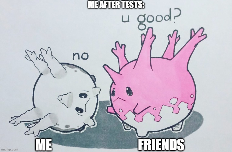 true tho | ME AFTER TESTS:; ME; FRIENDS | image tagged in u good corsola edition | made w/ Imgflip meme maker