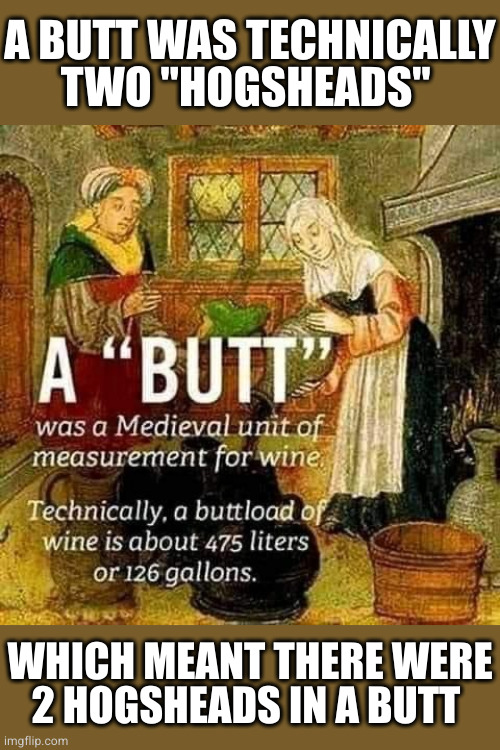 Going medieval on your butt | A BUTT WAS TECHNICALLY
TWO "HOGSHEADS"; WHICH MEANT THERE WERE
2 HOGSHEADS IN A BUTT | image tagged in a buttload of wine | made w/ Imgflip meme maker