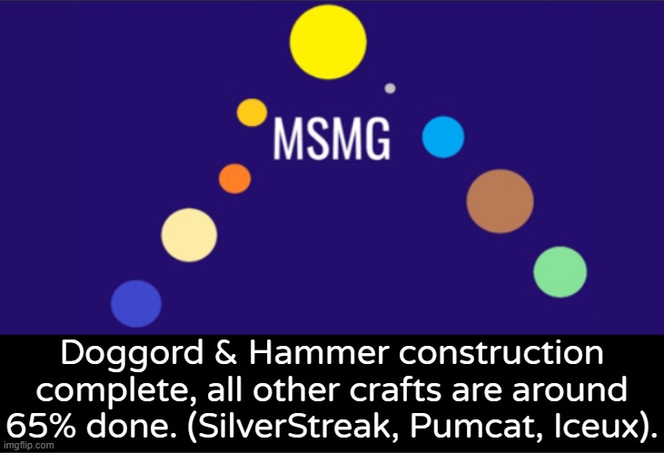 MSMG aerospace announcement | Doggord & Hammer construction complete, all other crafts are around 65% done. (SilverStreak, Pumcat, Iceux). | image tagged in msmg aerospace announcement | made w/ Imgflip meme maker