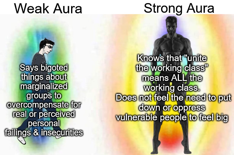 Weak vs strong chad | Weak Aura; Strong Aura; Knows that "unite the working class" means ALL the working class.
 Does not feel the need to put down or oppress vulnerable people to feel big; Says bigoted things about marginalized groups to overcompensate for real or perceived personal failings & insecurities | image tagged in weak vs strong chad,aura,bigot,communist,virgin vs chad | made w/ Imgflip meme maker