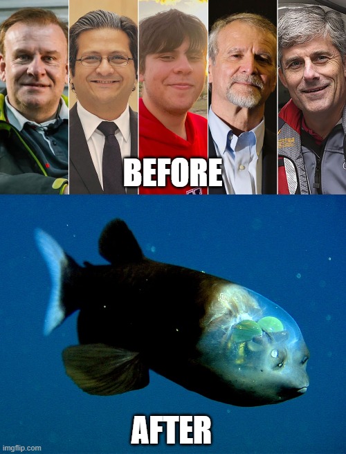 fish food | BEFORE; AFTER | image tagged in fish,titanic,titan,disasters,accidents,ocean | made w/ Imgflip meme maker