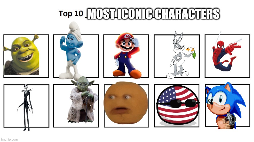 top 10 | MOST ICONIC CHARACTERS | image tagged in top 10 | made w/ Imgflip meme maker