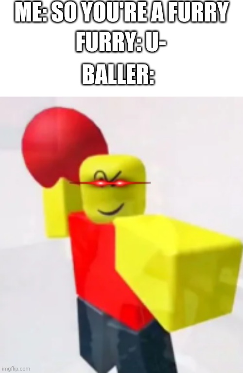 stop posting about BALLER | ME: SO YOU'RE A FURRY; FURRY: U-; BALLER: | image tagged in stop posting about baller,memes,anti furry,anti-furry,roblox,baller | made w/ Imgflip meme maker