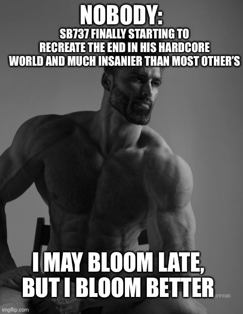 Late Bloomer | SB737 FINALLY STARTING TO RECREATE THE END IN HIS HARDCORE WORLD AND MUCH INSANIER THAN MOST OTHER’S; NOBODY:; I MAY BLOOM LATE, BUT I BLOOM BETTER | image tagged in giga chad | made w/ Imgflip meme maker