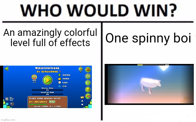 I was pretty surprised to see OVCA na kashdy den to win over Nightosphere, but I would've voted for it too (#2,084 | An amazingly colorful level full of effects; One spinny boi | image tagged in memes,who would win,sheep,geometry dash,halloween,winner | made w/ Imgflip meme maker