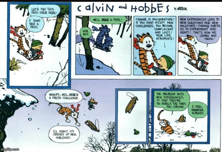 #2,090 | image tagged in comics/cartoons,comics,calvin and hobbes,philosophy,cliff,sledding | made w/ Imgflip meme maker