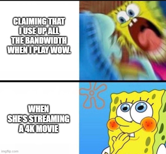 spongebob yelling | CLAIMING THAT I USE UP ALL THE BANDWIDTH WHEN I PLAY WOW. WHEN SHE'S STREAMING A 4K MOVIE | image tagged in spongebob yelling | made w/ Imgflip meme maker