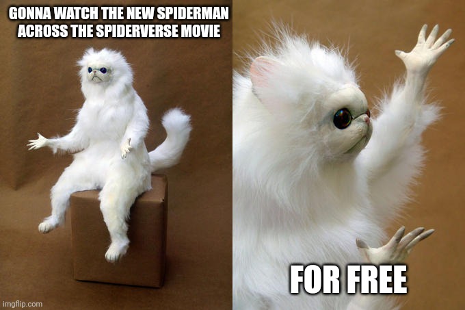 Persian Cat Room Guardian | GONNA WATCH THE NEW SPIDERMAN ACROSS THE SPIDERVERSE MOVIE; FOR FREE | image tagged in memes,persian cat room guardian | made w/ Imgflip meme maker