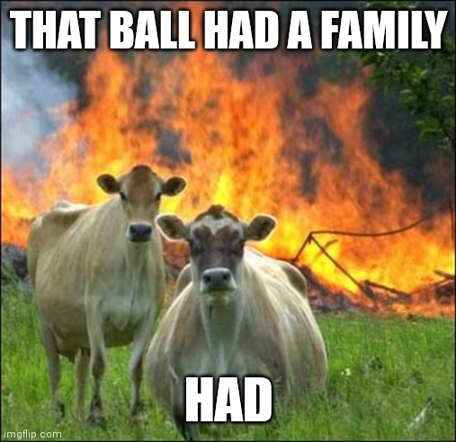 Evil Cows | THAT BALL HAD A FAMILY; HAD | image tagged in memes,evil cows | made w/ Imgflip meme maker