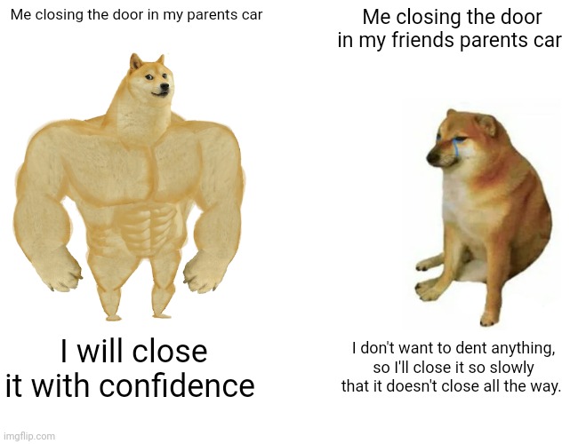 Buff Doge vs. Cheems | Me closing the door in my parents car; Me closing the door in my friends parents car; I will close it with confidence; I don't want to dent anything, so I'll close it so slowly that it doesn't close all the way. | image tagged in memes,buff doge vs cheems | made w/ Imgflip meme maker
