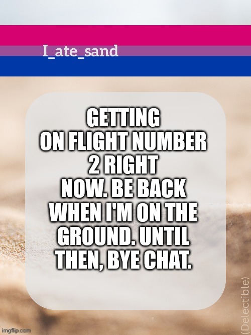 GETTING ON FLIGHT NUMBER 2 RIGHT NOW. BE BACK WHEN I'M ON THE GROUND. UNTIL THEN, BYE CHAT. | image tagged in i_ate_sand's announcement template | made w/ Imgflip meme maker