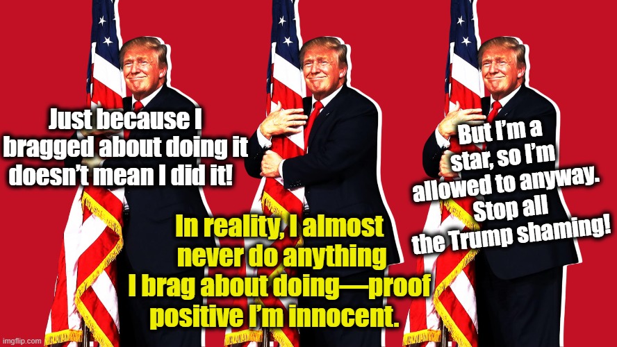Trump Shaming | But I’m a star, so I’m allowed to anyway.  Stop all the Trump shaming! Just because I bragged about doing it doesn’t mean I did it! In reality, I almost  never do anything I brag about doing—proof positive I’m innocent. | image tagged in donald trump,maga,change my mind,trump,nevertrump meme,donald trump approves | made w/ Imgflip meme maker