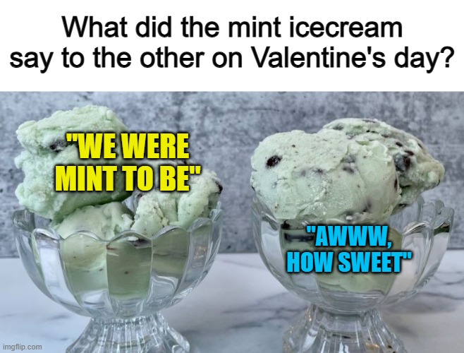 Behold: two puns in one :D | What did the mint icecream say to the other on Valentine's day? "WE WERE MINT TO BE"; "AWWW, HOW SWEET" | made w/ Imgflip meme maker