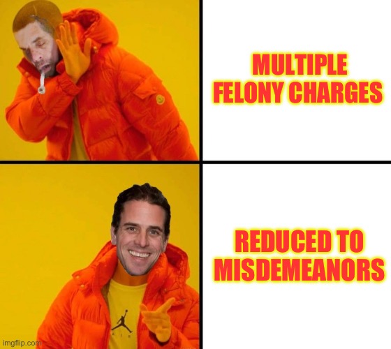 Hunter Hotline Bling | MULTIPLE FELONY CHARGES; REDUCED TO MISDEMEANORS | image tagged in hunter hotline bling,hunter biden,republicans,donald trump | made w/ Imgflip meme maker