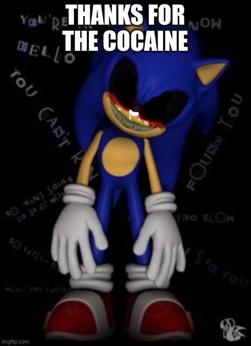 Sonic EXE Grin | THANKS FOR THE COCAINE | image tagged in sonic exe grin | made w/ Imgflip meme maker