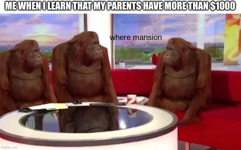 Children are smort | ME WHEN I LEARN THAT MY PARENTS HAVE MORE THAN $1000; where mansion | image tagged in where monkey,memes,monke,money,children,childhood | made w/ Imgflip meme maker