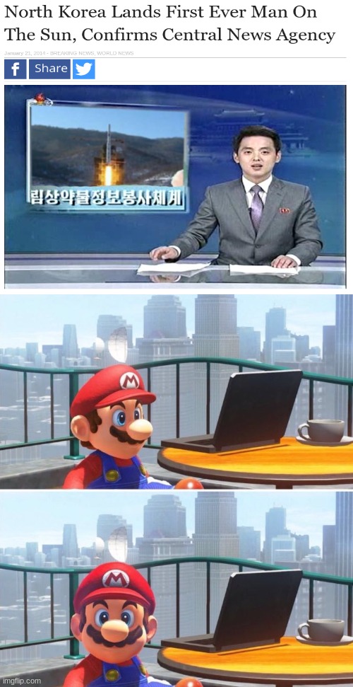 idk | image tagged in mario looks at computer,memes,north korea,sun,idk,tag | made w/ Imgflip meme maker